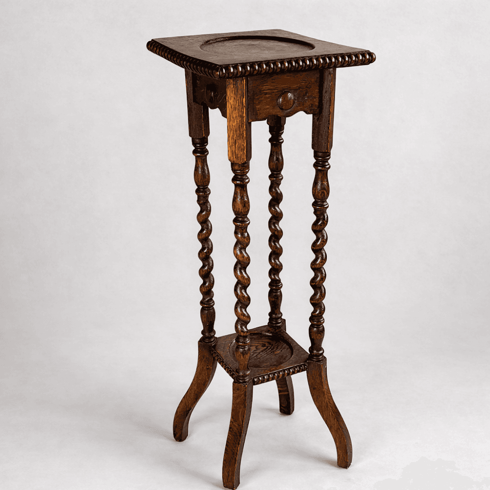 Edwardian Oak Barley Twist Plant Stand with Beaded Edge detail 1
