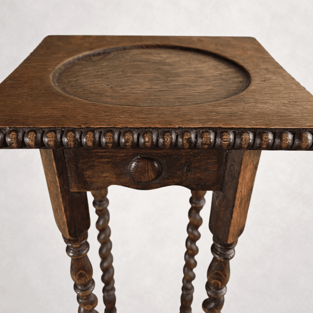Edwardian Oak Barley Twist Plant Stand with Beaded Edge detail 2