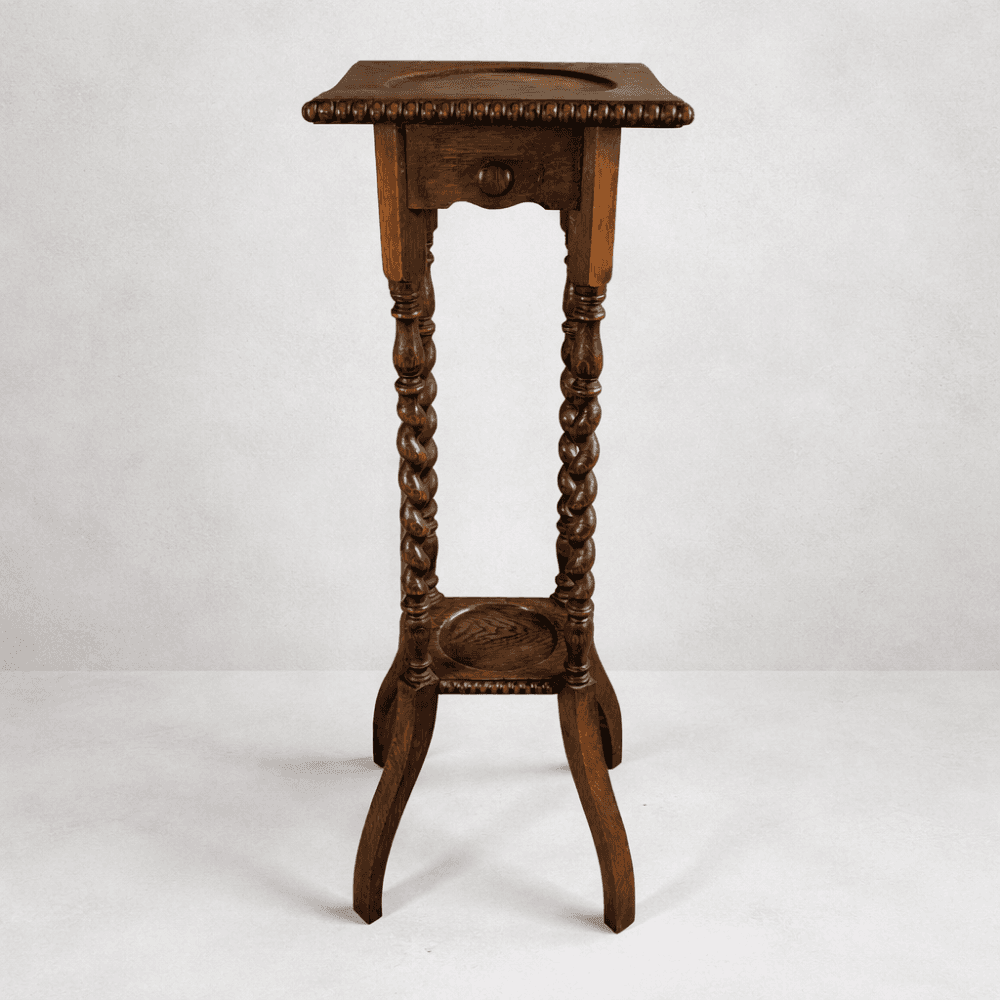 Edwardian Oak Barley Twist Plant Stand with Beaded Edge
