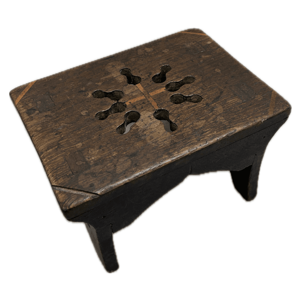 Antique Primitive Oak Footstool with Decorative Sunburst Cutout