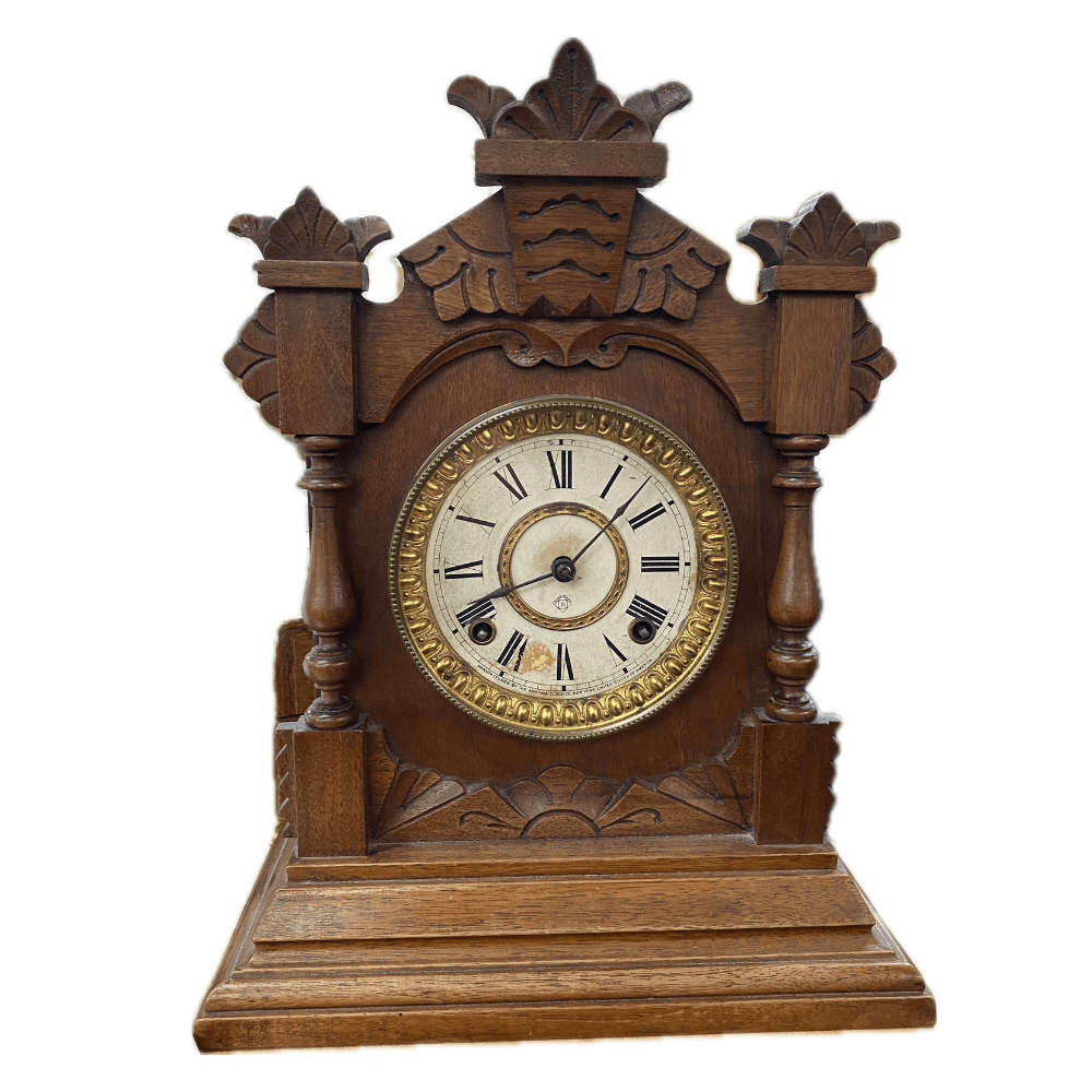 Late Victorian Ansonia 'Tivoli' Oak Mantel Clock with Turned Columns