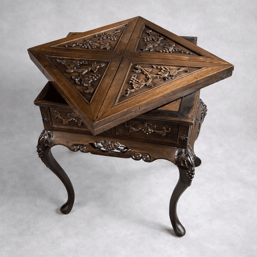 19th Century Chinese Export Carved Padouk Wood Envelope Card Table detail 1