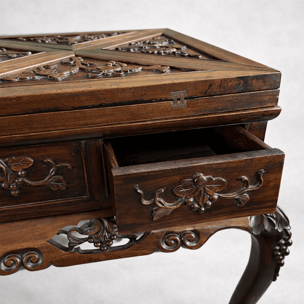 19th Century Chinese Export Carved Padouk Wood Envelope Card Table detail 4