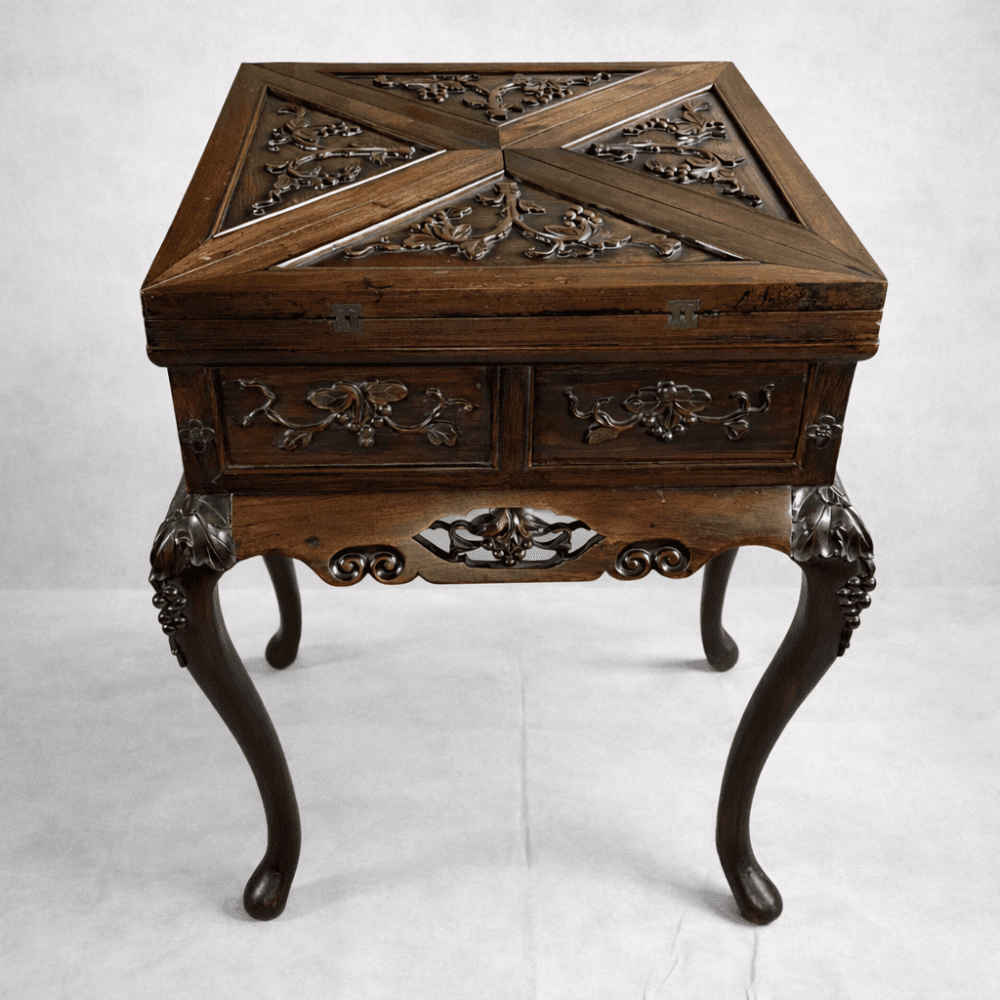 19th Century Chinese Export Carved Padouk Wood Envelope Card Table
