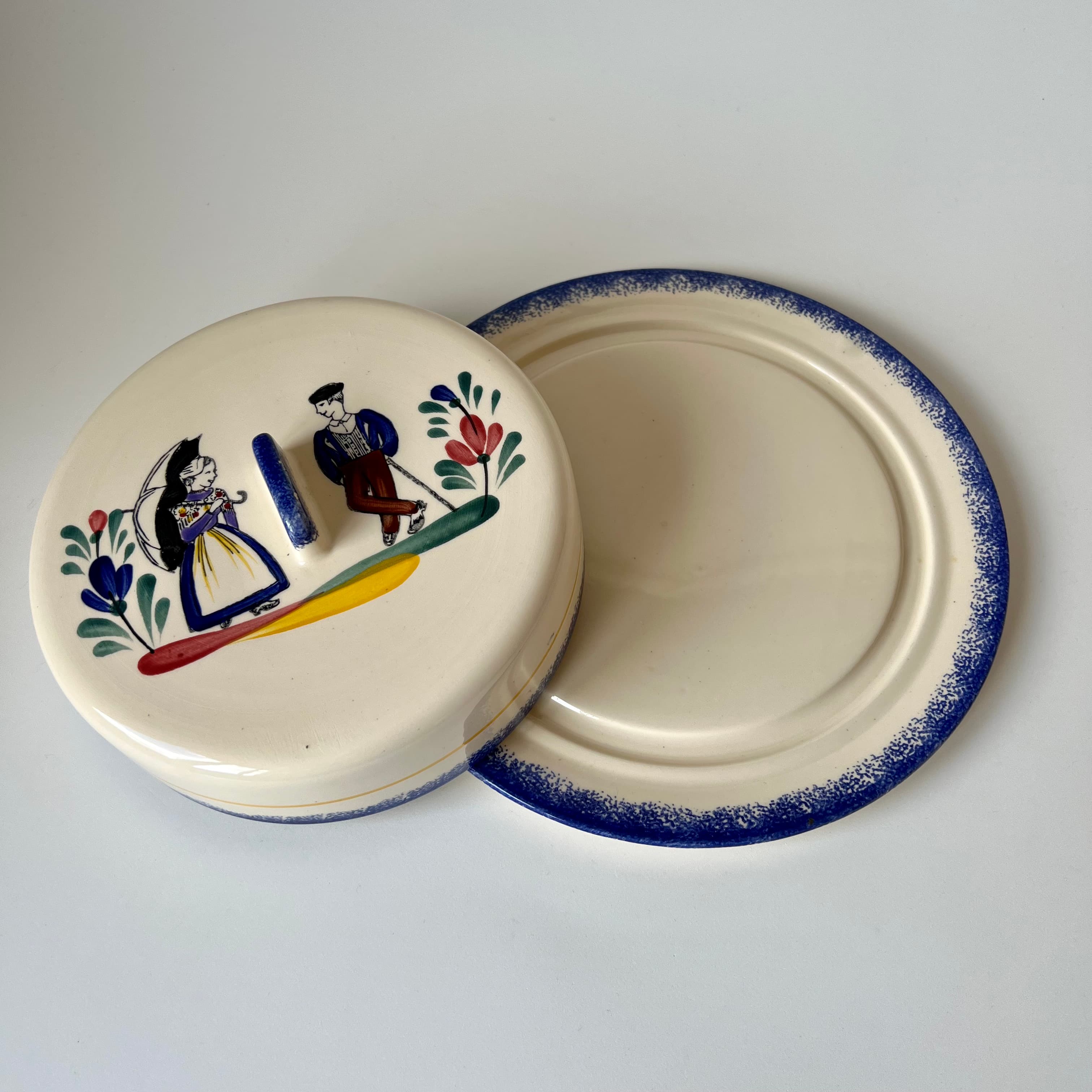 Vintage Lidded Serving Dish with French Folk Art Decoration