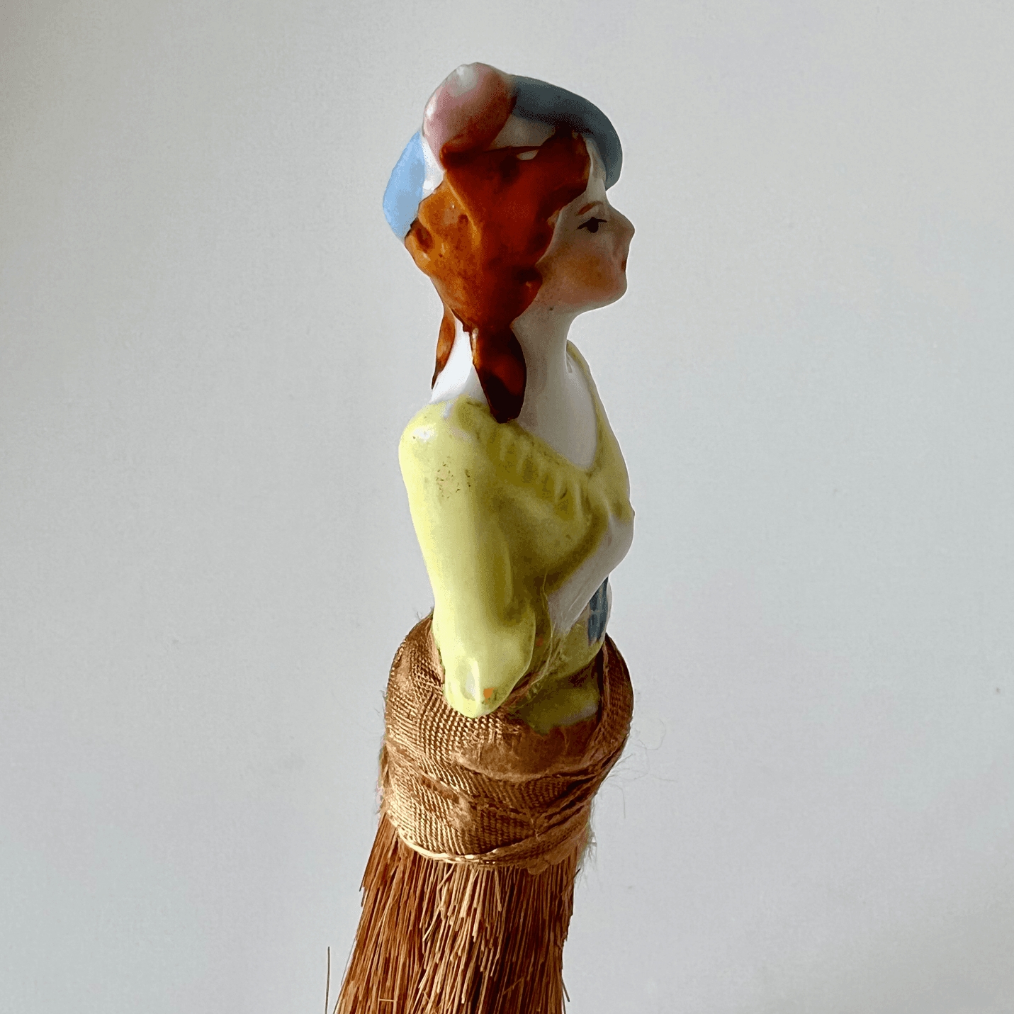 Vintage Figural Whisk Broom with Glazed Ceramic Half-Doll detail 4