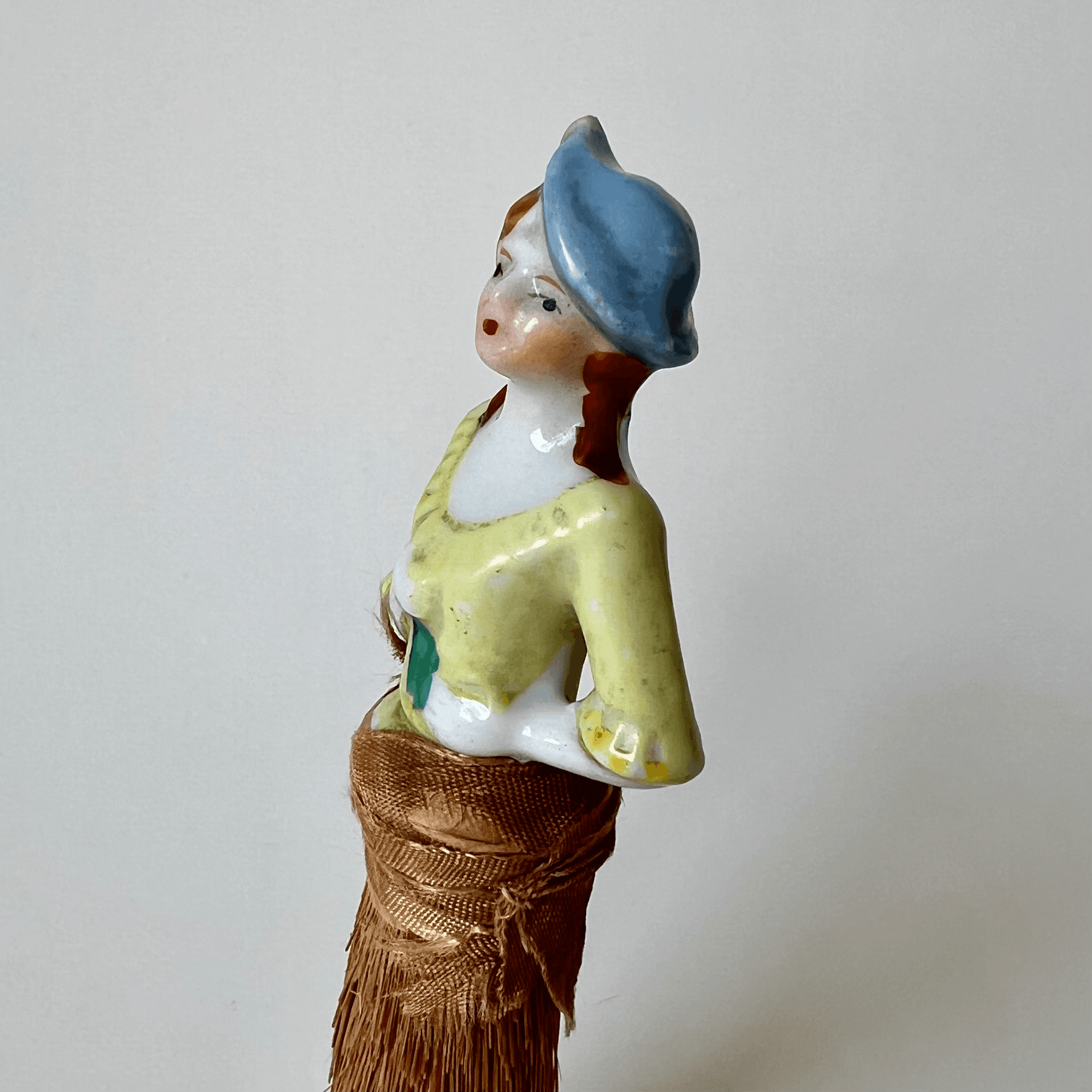 Vintage Figural Whisk Broom with Glazed Ceramic Half-Doll detail 5