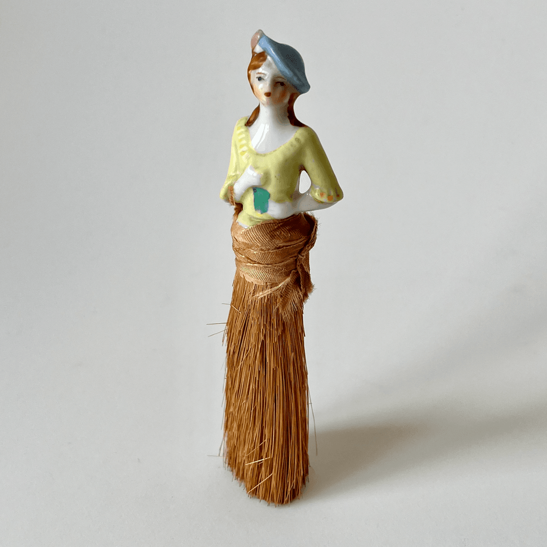 Vintage Figural Whisk Broom with Glazed Ceramic Half-Doll